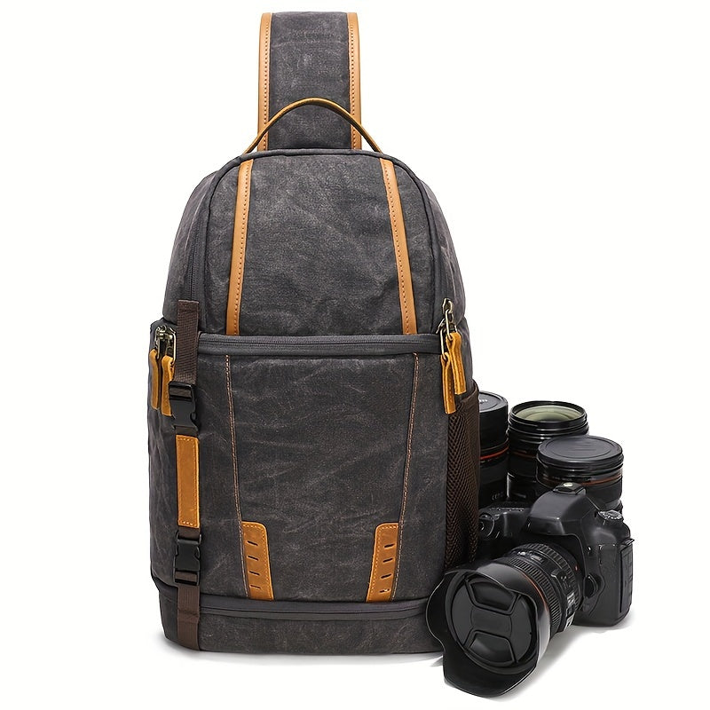 1pc Men's Waxed Canvas Camera Sling Bag, Shockproof DSLR Camera Backpack, Waterproof Vintage Crossbody Camera Bag For Photographers
